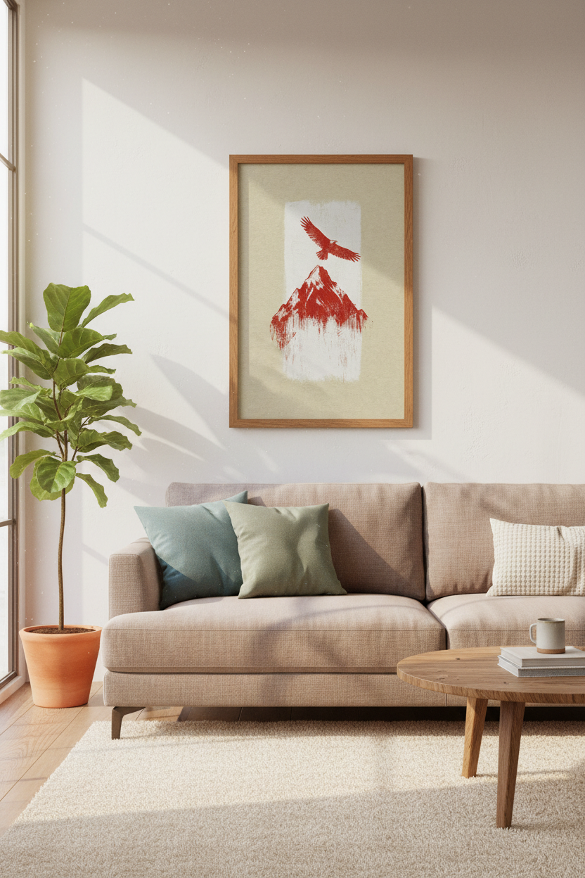 Mountain Eagle Wall Art | Red Minimalist Nature Print, Modern Cabin Decor
