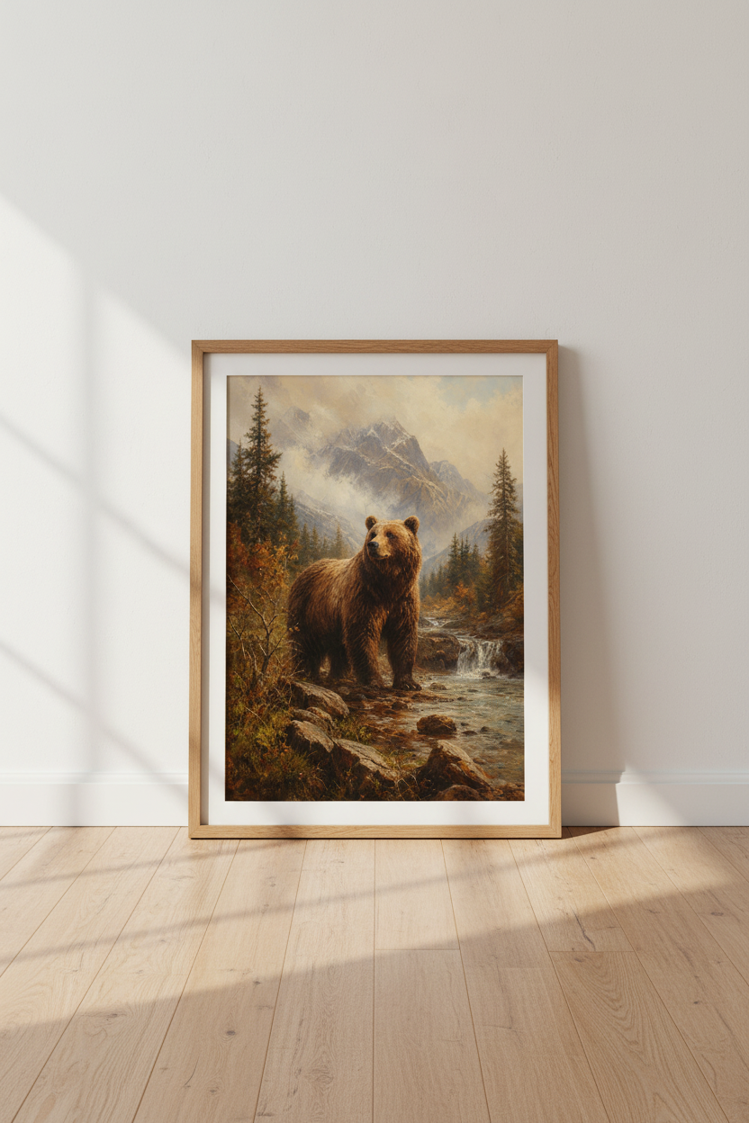 Grizzly Bear Landscape Wall Art | Rustic Mountain Oil Painting, Cabin Decor Poster Print