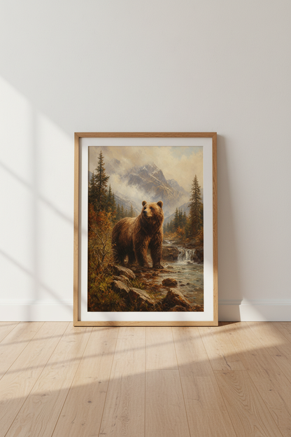 Grizzly Bear Landscape Wall Art | Rustic Mountain Oil Painting, Cabin Decor Poster Print