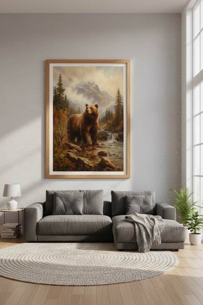 Grizzly Bear Landscape Wall Art | Rustic Mountain Oil Painting, Cabin Decor Poster Print