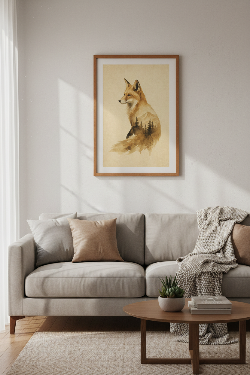 Fox Mountain Landscape Wall Art | Watercolor Rustic Decor | Woodland Poster