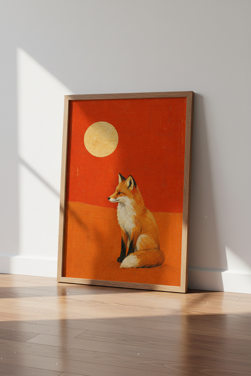 Red Fox Moon Wall Art | Rustic Orange Animal Poster, Living Room Decor