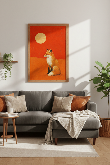 Red Fox Moon Wall Art | Rustic Orange Animal Poster, Living Room Decor