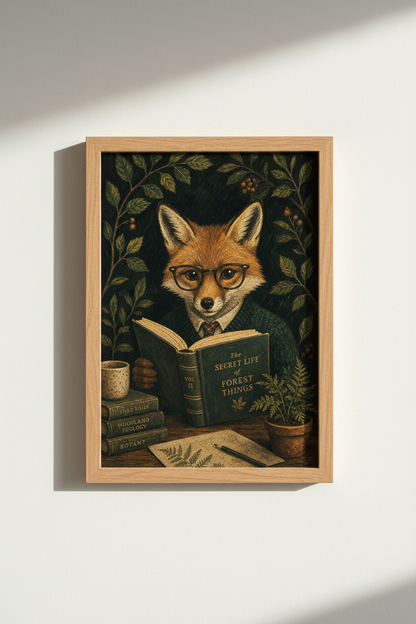 Whimsical Fox Art Print | Dark Academia Library Decor | Moody Forest Poster