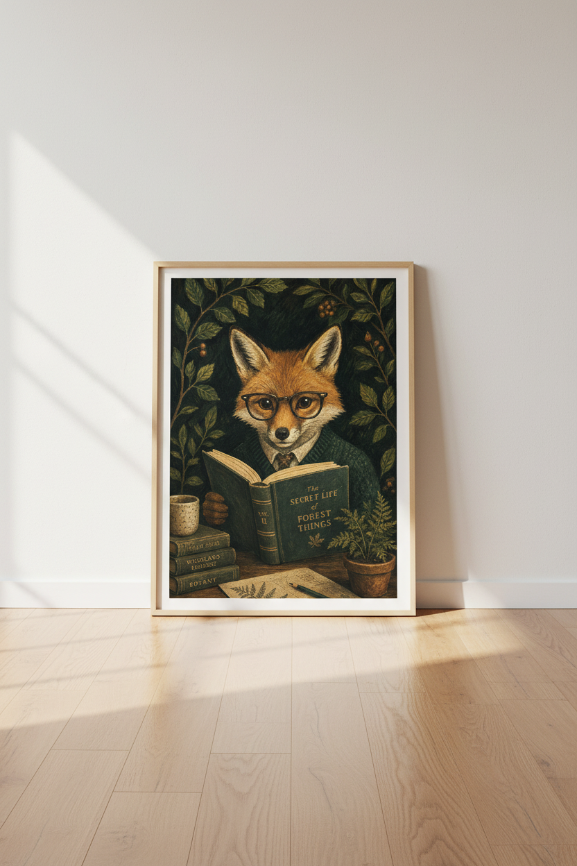 Whimsical Fox Art Print | Dark Academia Library Decor | Moody Forest Poster