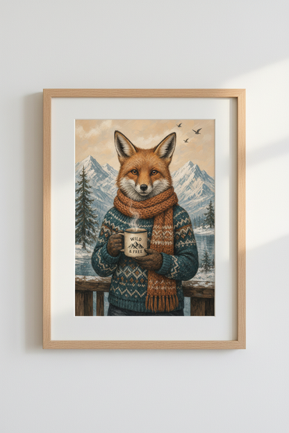 Rustic Fox Wall Art Print | Winter Cabin Decor | Whimsical Animal Poster