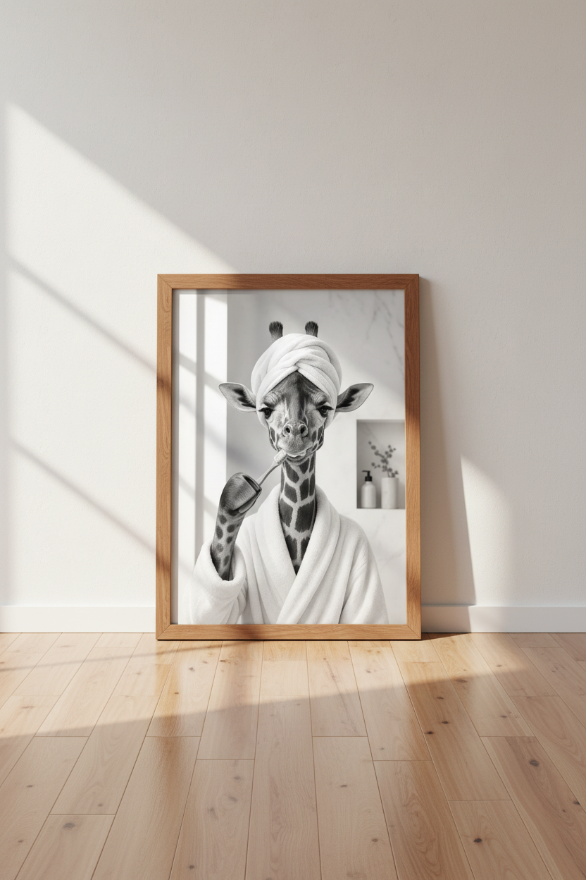 Giraffe Brushing Teeth Wall Art | Black and White Bathroom Decor | Funny Animal Poster
