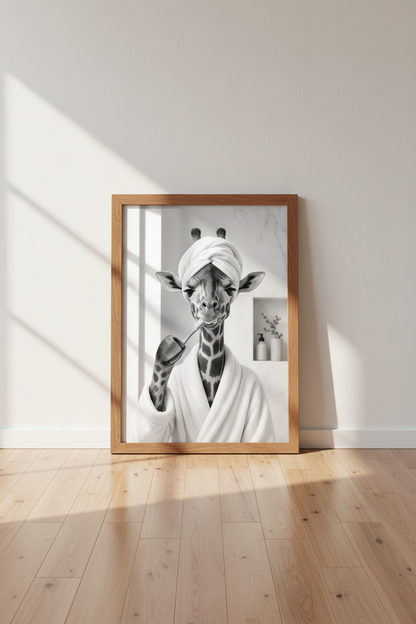 Giraffe Brushing Teeth Wall Art | Black and White Bathroom Decor | Funny Animal Poster