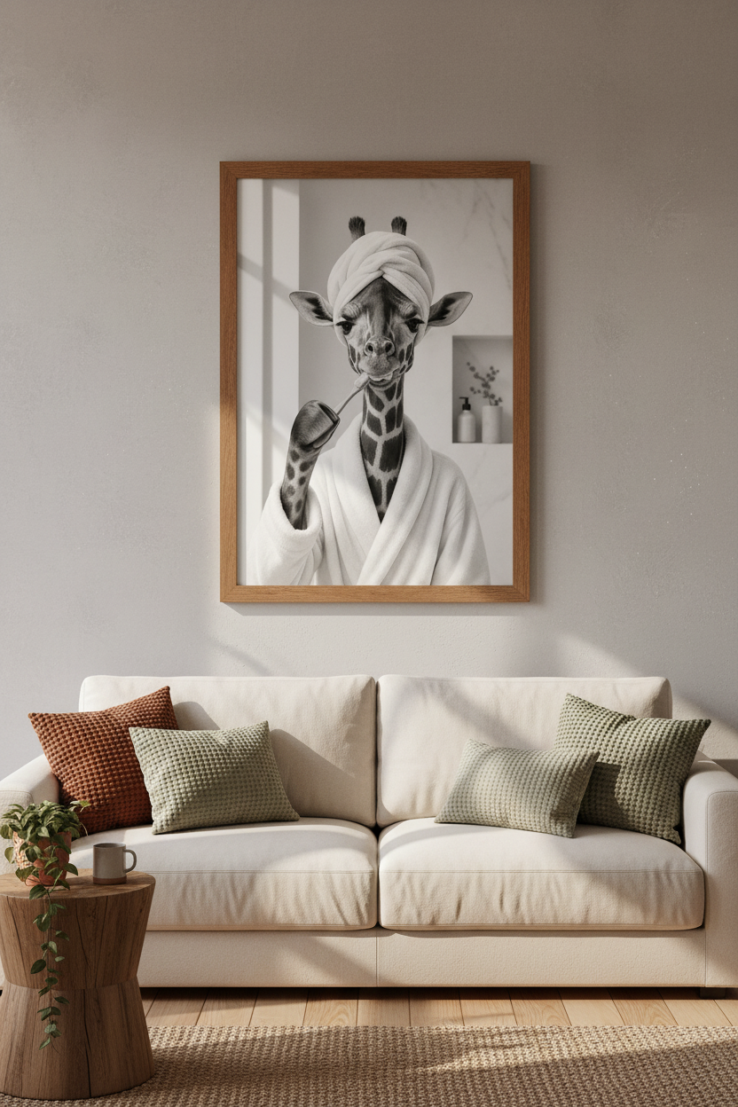 Giraffe Brushing Teeth Wall Art | Black and White Bathroom Decor | Funny Animal Poster