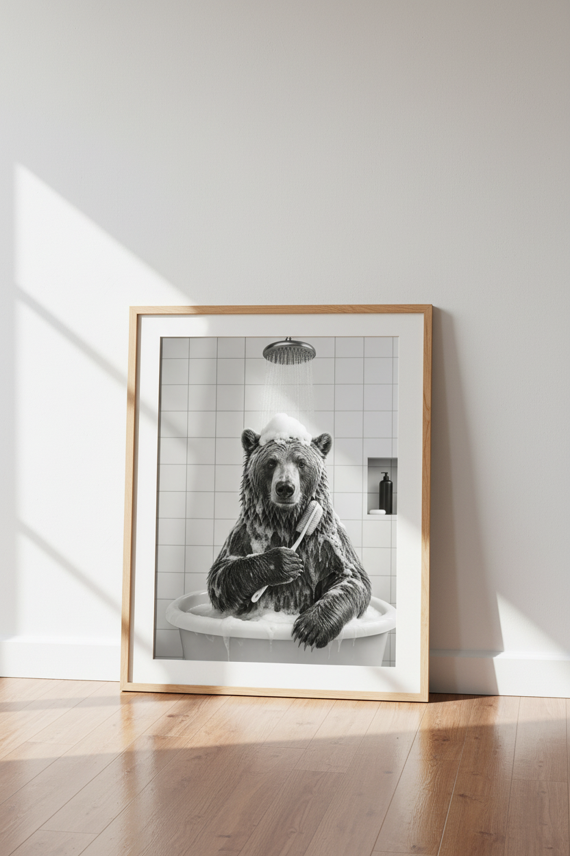 Bear in Bathtub Wall Art Print | Bathroom Decor | Funny Black and White Poster