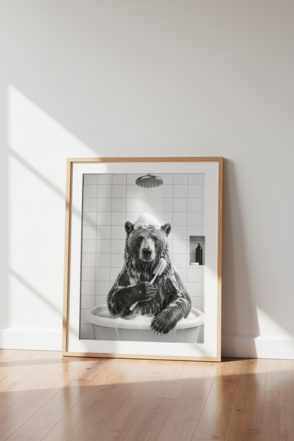 Bear in Bathtub Wall Art Print | Bathroom Decor | Funny Black and White Poster