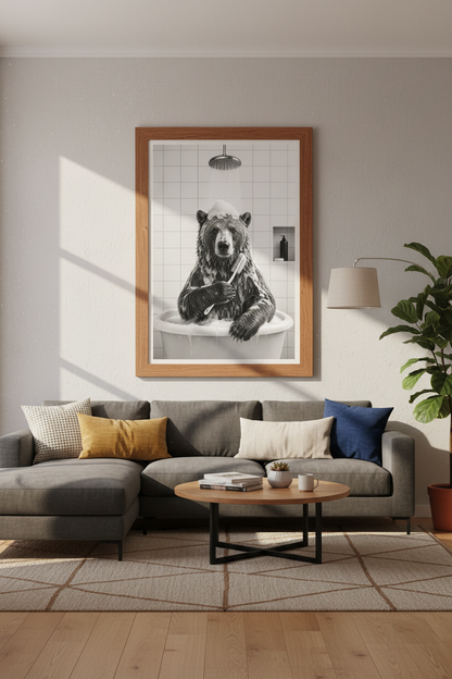 Bear in Bathtub Wall Art Print | Bathroom Decor | Funny Black and White Poster