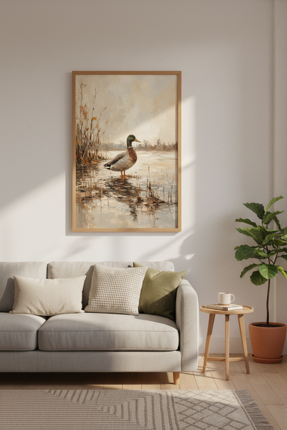 Mallard Duck Art Print | Rustic Wildlife Oil Painting | Farmhouse Lodge Decor