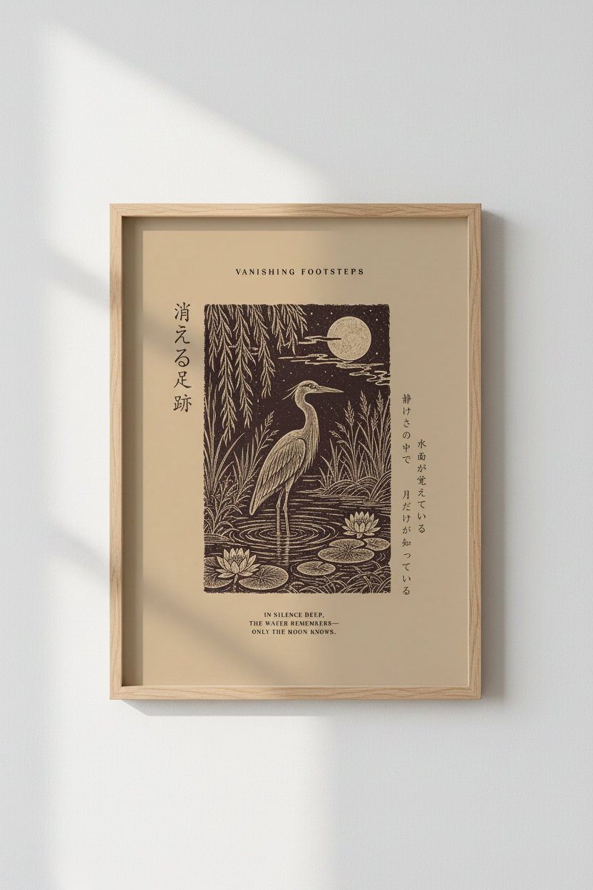 Japanese woodblock | Moonlit heron decor, earthy tones | Living room poster