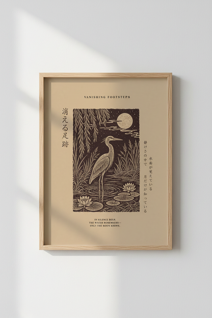 Japanese woodblock | Moonlit heron decor, earthy tones | Living room poster