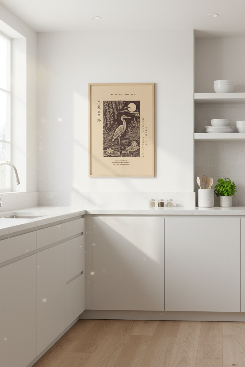 Japanese woodblock | Moonlit heron decor, earthy tones | Living room poster