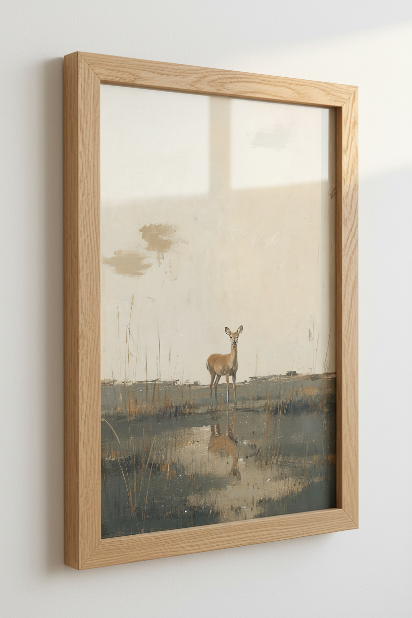 Deer Reflection Wall Art Print | Neutral Landscape | Minimalist Woodland Poster