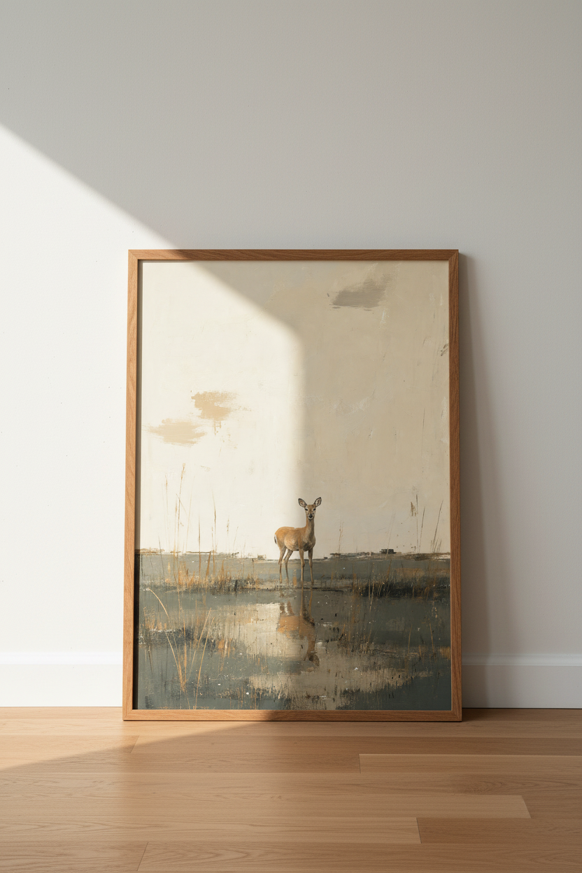 Deer Reflection Wall Art Print | Neutral Landscape | Minimalist Woodland Poster
