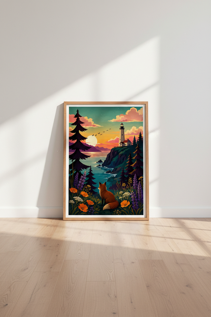 Fox and Lighthouse Sunset Wall Art | Coastal Landscape Poster | Whimsical Nature Decor
