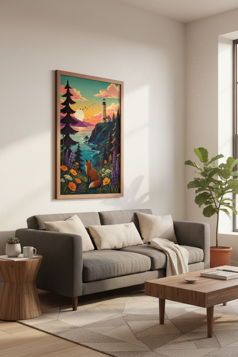 Fox and Lighthouse Sunset Wall Art | Coastal Landscape Poster | Whimsical Nature Decor