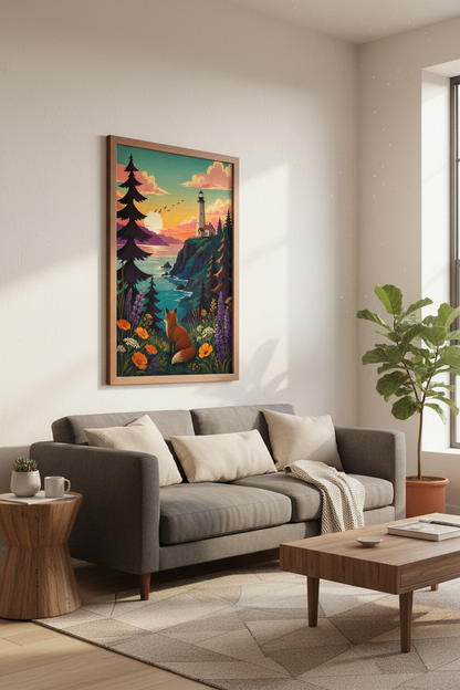 Fox and Lighthouse Sunset Wall Art | Coastal Landscape Poster | Whimsical Nature Decor
