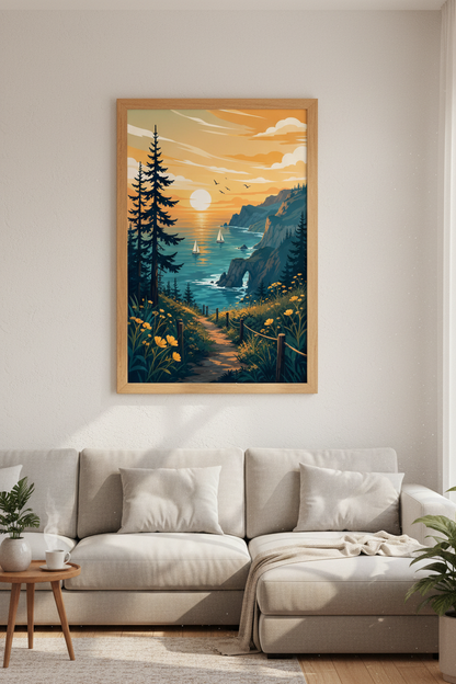 Coastal Sunset Path Wall Art | Sailboat Ocean Print, Living Room Decor