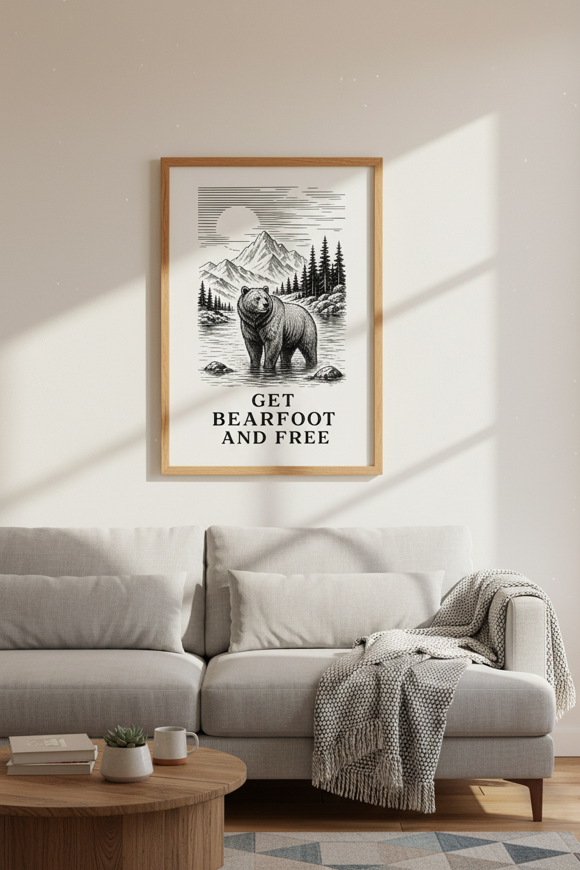 Grizzly Bear Mountain Wall Art Print | Cabin Decor | Pine Forest Adventure Poster