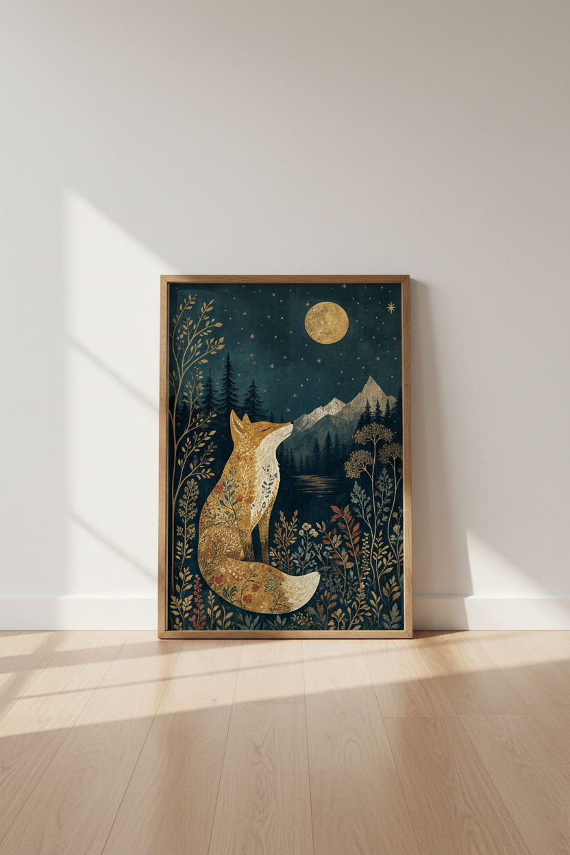 Celestial Fox Wall Art | Floral Folk Art Navy &amp; Gold Poster, Bedroom Decor