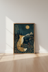 Celestial Fox Wall Art | Floral Folk Art Navy & Gold Poster, Bedroom Decor