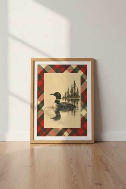 Common Loon Wall Art | Rustic Plaid Lodge Decor, Cabin Lake House Poster