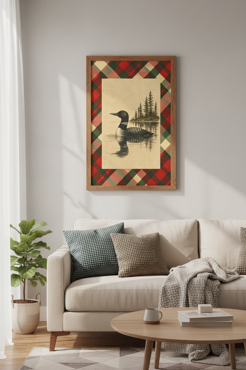 Common Loon Wall Art | Rustic Plaid Lodge Decor, Cabin Lake House Poster