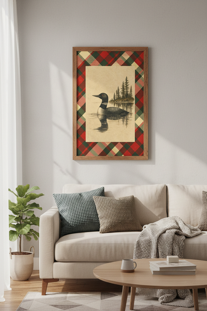 Common Loon Wall Art | Rustic Plaid Lodge Decor, Cabin Lake House Poster