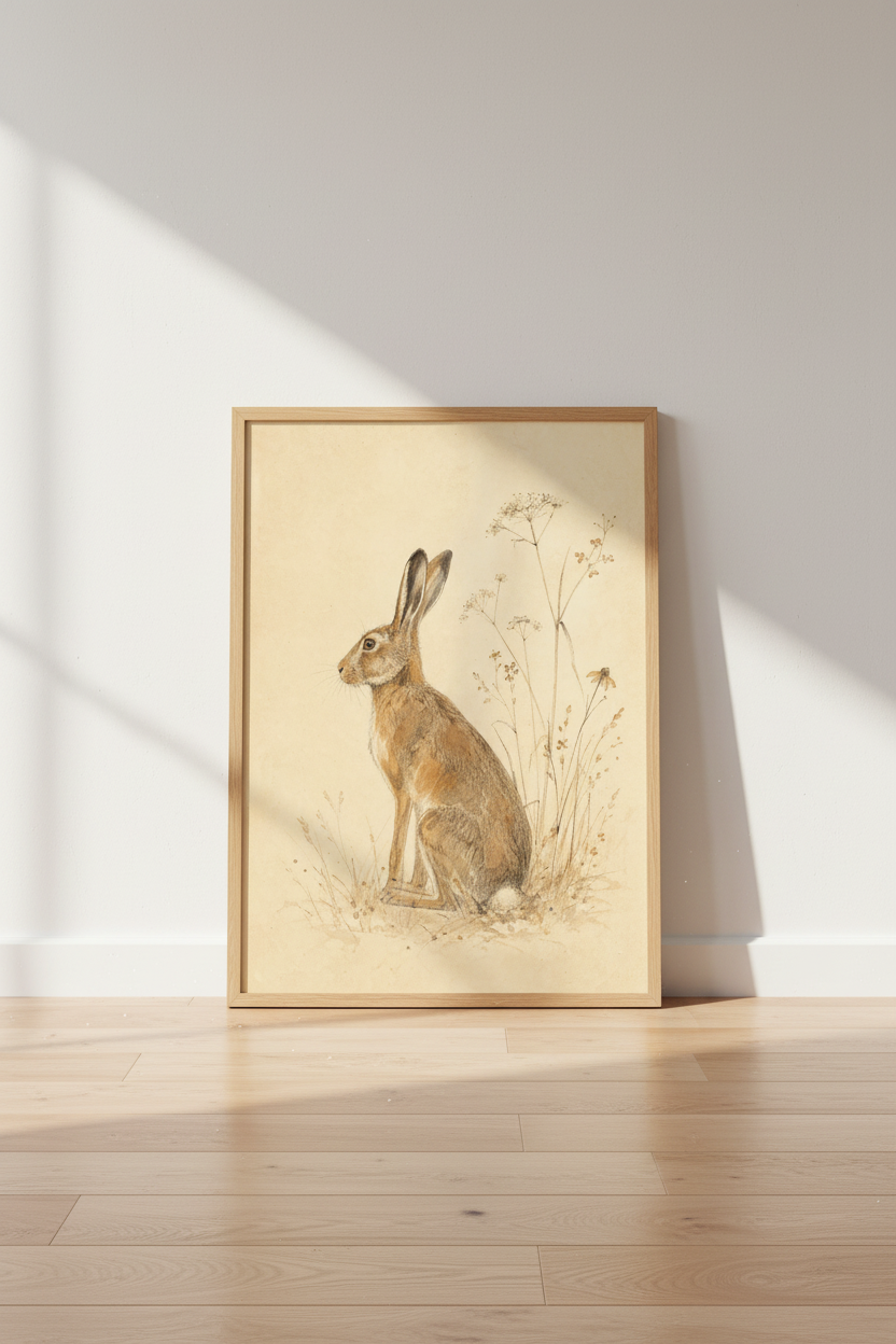 Vintage Hare Sketch | Rustic Woodland Rabbit Art, Farmhouse Nursery Print
