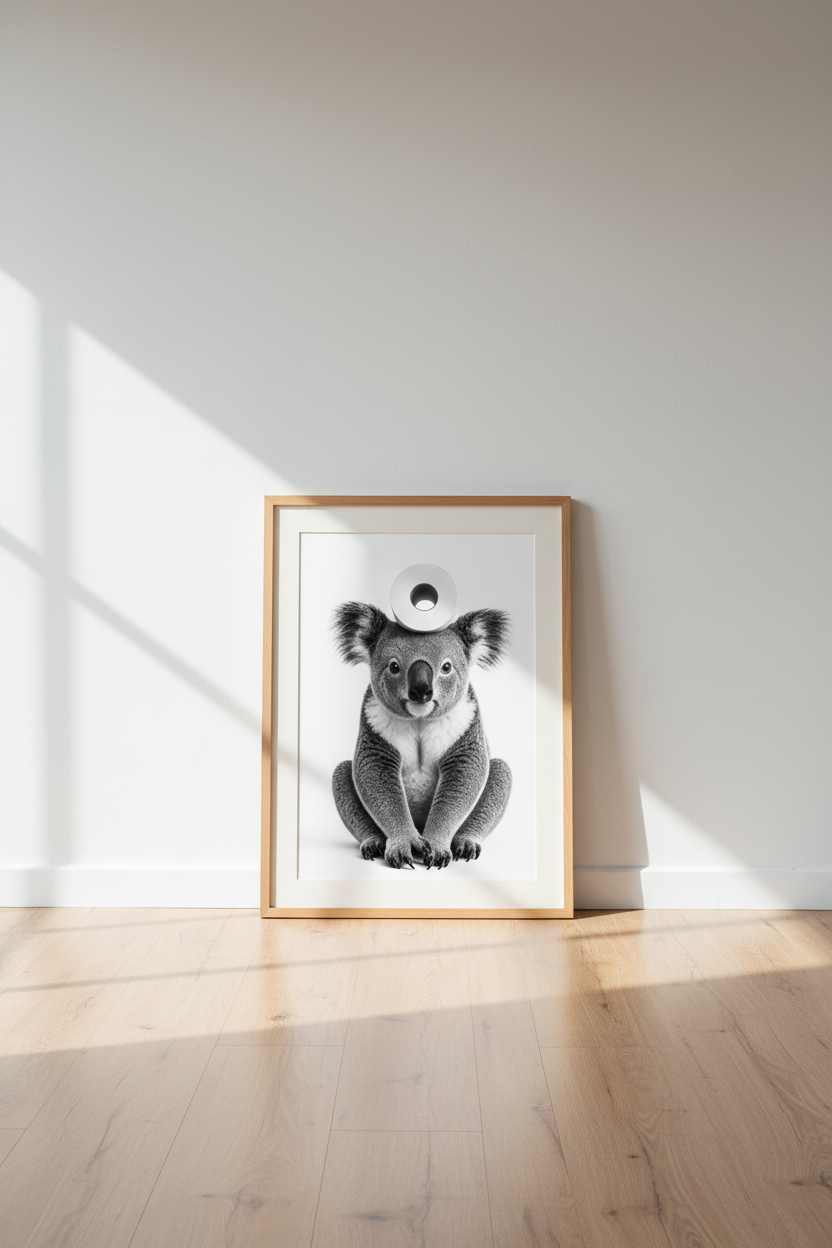 Funny Koala Toilet Paper Wall Art | Black White Bathroom Decor | Minimalist Poster