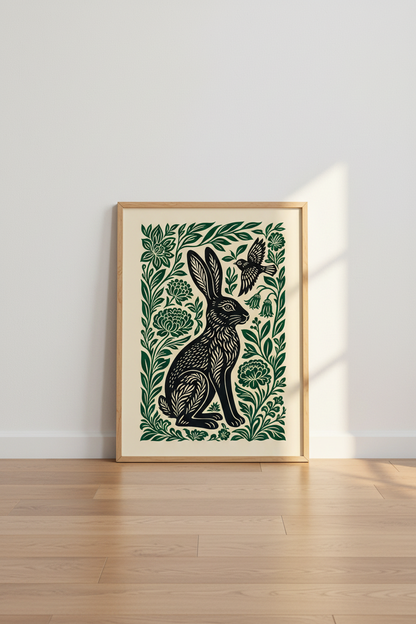 Rabbit &amp; Bird Woodcut Wall Art | Green Botanical Folk Aesthetic, Living Room Decor