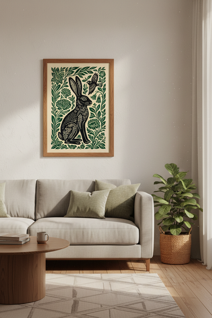 Rabbit &amp; Bird Woodcut Wall Art | Green Botanical Folk Aesthetic, Living Room Decor
