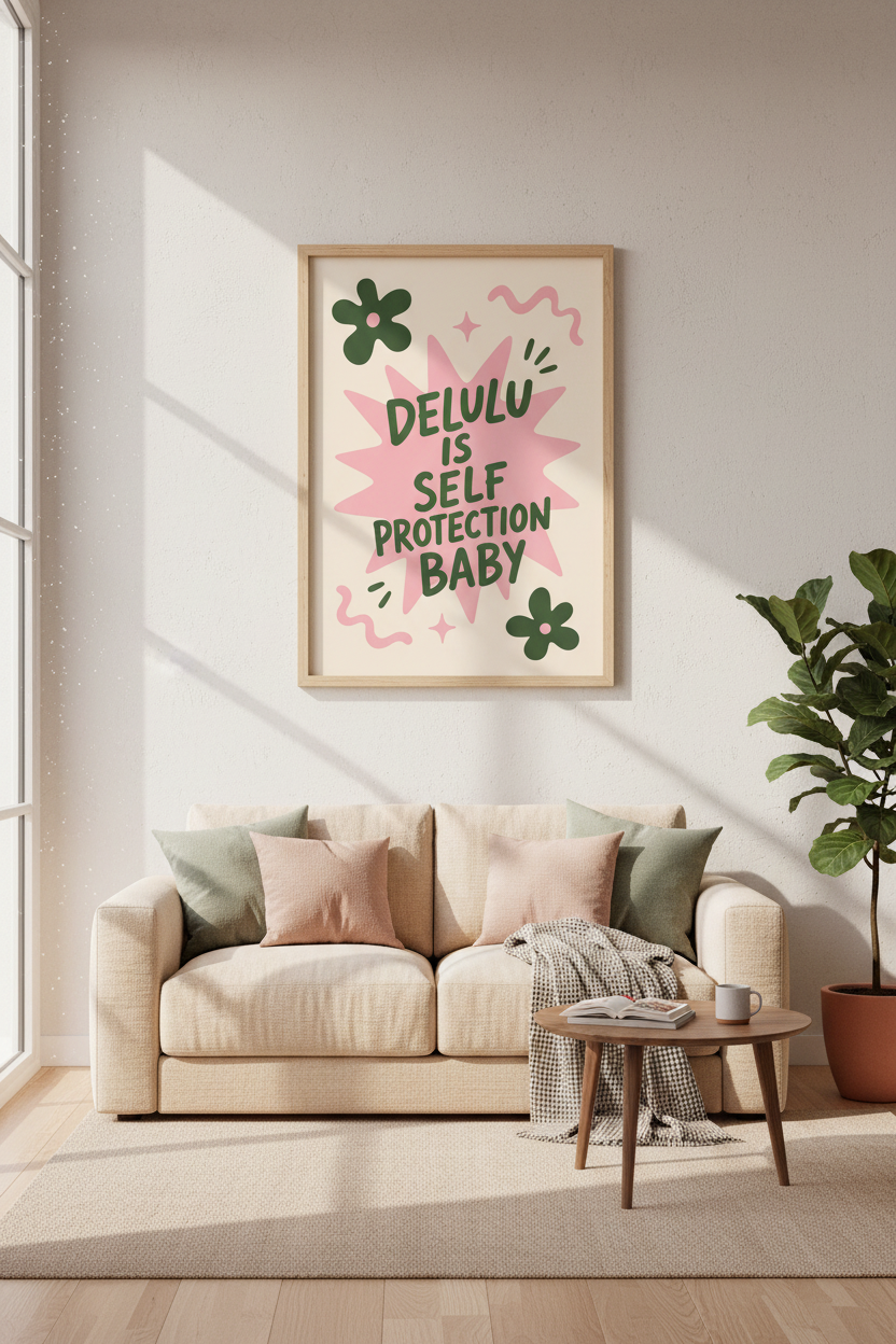 Delulu Is Self Protection Wall Art | Retro Pink Sage Decor | Trendy Quote Poster