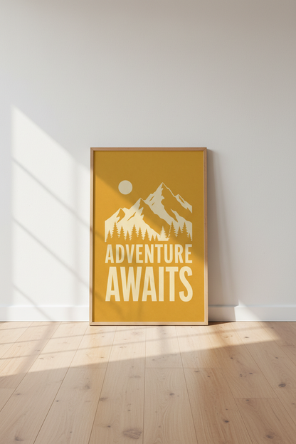 Adventure Awaits Mountain Wall Art Print | Mustard Office Decor | Minimalist Poster