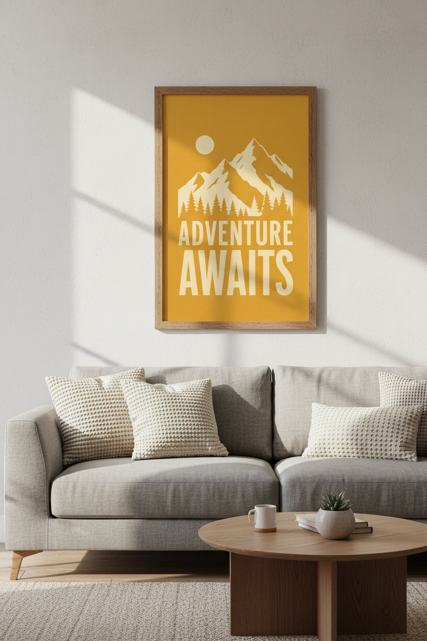 Adventure Awaits Mountain Wall Art Print | Mustard Office Decor | Minimalist Poster