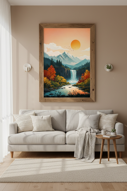Mountain Waterfall Wall Art | Nature Sunset Poster, Living Room Decor