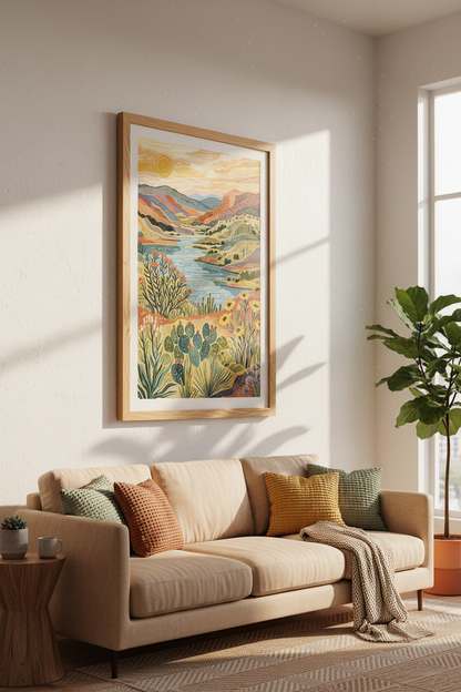 Southwest Desert Landscape Art | Boho Terracotta Canyon Print, Living Room Decor