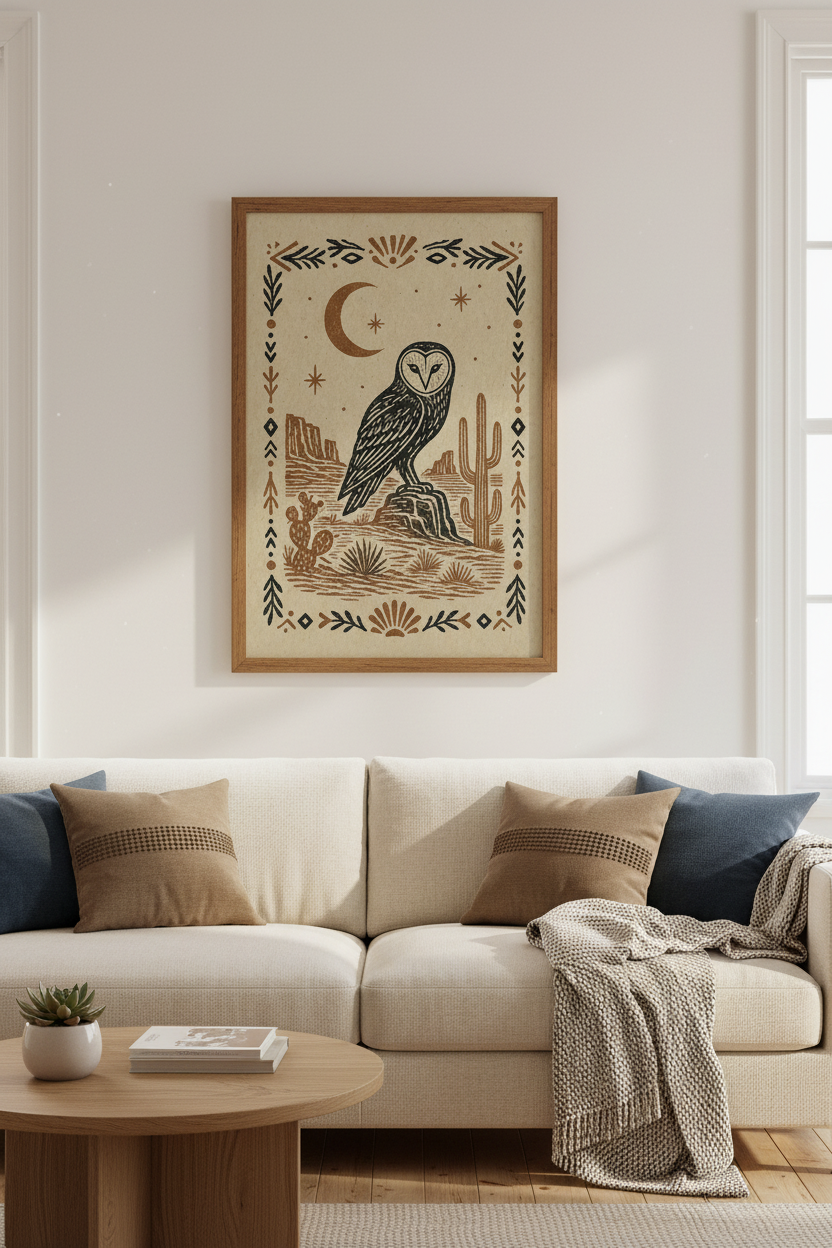 Barn Owl Desert Art | Boho Linocut Style, Southwestern Moon Poster