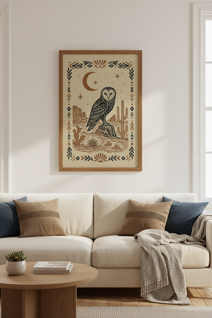 Barn Owl Desert Art | Boho Linocut Style, Southwestern Moon Poster