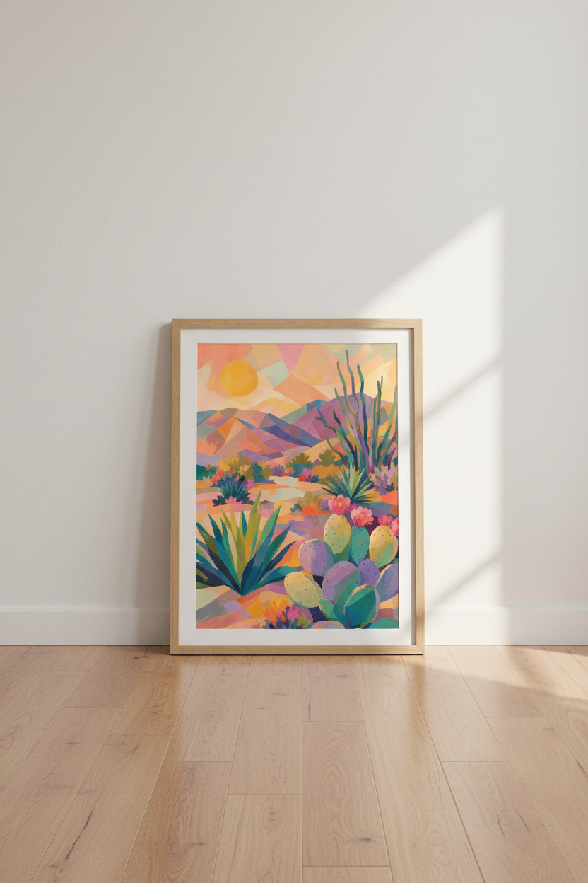 Desert Cactus Sunset Wall Art | Boho Abstract Landscape Poster | Vibrant Office Decor