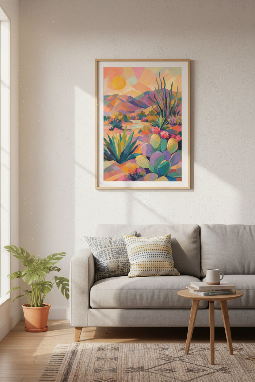 Desert Cactus Sunset Wall Art | Boho Abstract Landscape Poster | Vibrant Office Decor