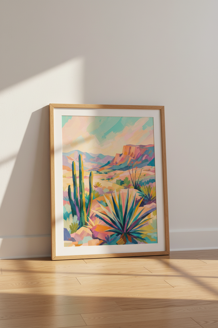 Desert Cactus Landscape Wall Art | Pastel Southwestern Decor | Boho Impressionist Poster
