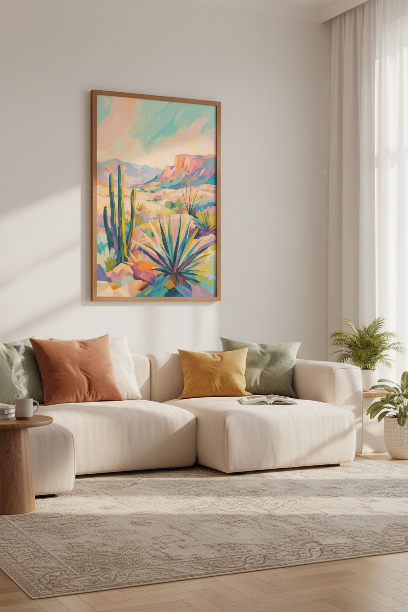 Desert Cactus Landscape Wall Art | Pastel Southwestern Decor | Boho Impressionist Poster