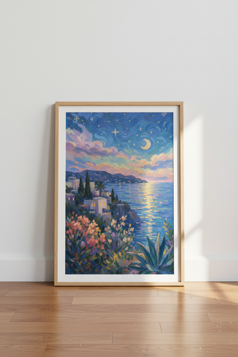 Mediterranean Impressionist Art | Coastal Italy Poster, Moonlit Sea Wall Art Print