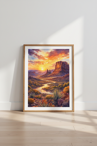 Desert Sunset Watercolor Wall Art | Southwest Landscape Decor | Boho Mesa Poster