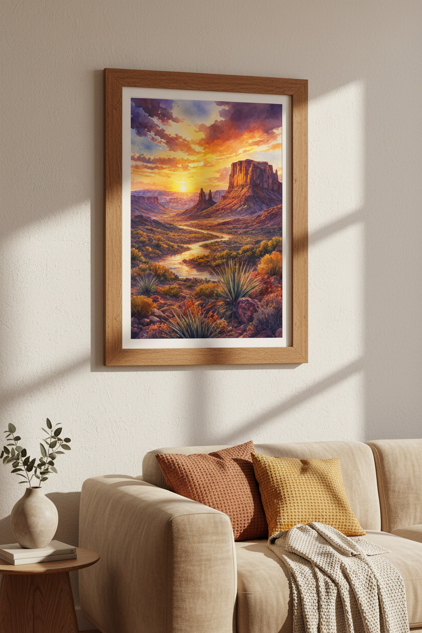 Desert Sunset Watercolor Wall Art | Southwest Landscape Decor | Boho Mesa Poster